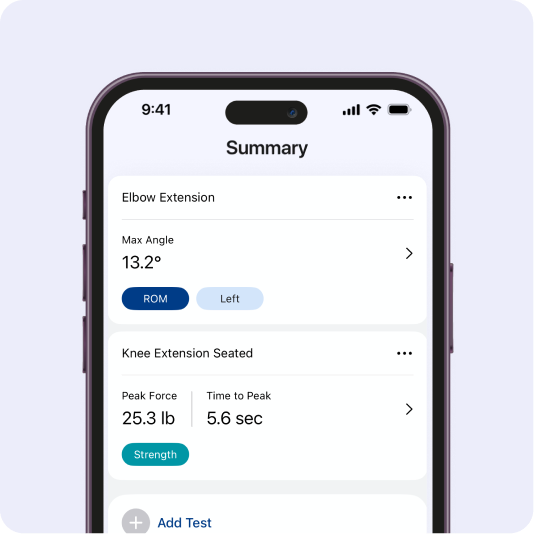 ActivForce app showing ROM and strength test summaries