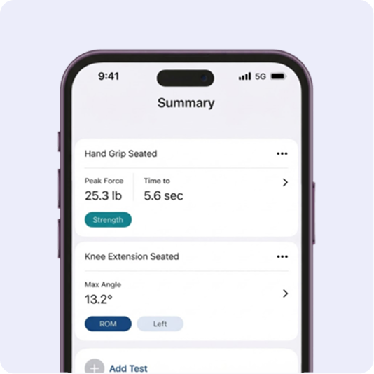 ActivForce app showing strength and ROM test summaries