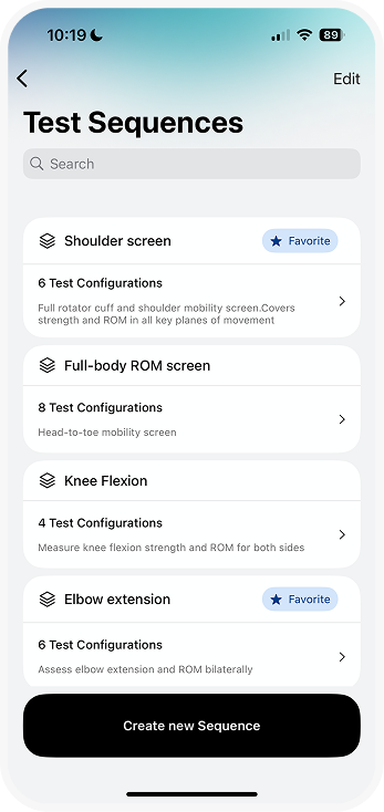 Test sequences mobile app screen